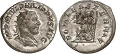 RÖMER RÖMISCHES KAISERREICH. PHILIPPUS I. Arabs 244-249. Antoninian (247) 3,90g. Büste mit Panzer, Paludamentum und Strahlenkrone n.r. IMP PHILIPPVS AVG / ROMAE AETERNAE Roma thront n.l.; hält Viktori
