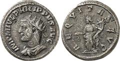RÖMER RÖMISCHES KAISERREICH. PHILIPPUS II., Augustus 247-249. Antoninian (247) 4,18g, Antiochia. Palliumbüste m. Strkr. n.links IMP M IVL PHILIPPVS AVG / AEQVITAS AVG Aequitas steht n.l. RIC 240b, C. 