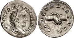 RÖMER RÖMISCHES KAISERREICH. Herennius Etruscus Caesar 250-251. Antoninian 3,45g. Palliumbüste m. Strkr. n.r. Q HER ETR MES DECIVS NOB C / CONCORDIA AVGG Handschlag. RIC 138, C. 4. . vz
