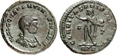 RÖMER RÖMISCHES KAISERREICH. Constantinus II. Caesar 317-337. AE-Follis 19mm (317/318) 3,60g, Trier, 2. Off. Paludamentbüste n.r. FL CL CONSTANTINVS IVN N C / CÖARITAS REIPVBLICAE Sol steht grüßend n.