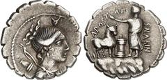 RÖMER RÖMISCHE REPUBLIK : Silbermünzen. Anonym 81 v. Chr. Denar (serratus) 3,56g. Dianabüste n.r.; oben Bucranium / A POST A F - S N ALBIN Priester steht auf Fels vor Altar u. Opferstier. Cr. 372/1, S