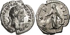 RÖMER RÖMISCHES KAISERREICH. ANTONINUS PIUS Augustus 138-161. Denar (155) 2,86g. Belorbeerter Kopf n. r. ANTONINVS AVG PIVS PP TRP XVII / COS IIII Annona steht n.l., hält Kornähren, stützt linke Hand 
