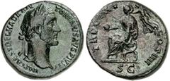 RÖMER RÖMISCHES KAISERREICH. ANTONINUS PIUS Augustus 138-161. AE-Sesterz (152) 27,6g. Belorbeerter Kopf n. r. IMP CAES T AEL HADR ANTO NINVS AVG PIVS / TR POT XV COS IIII SC Antonius sitzt n.l., hält 
