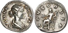 RÖMER RÖMISCHES KAISERREICH. Lucilla, Gemahlin des Lucius Verus 163-169 (+182). Denar 3,25g. Pallabüste n.r. LVCILLA - AVGVSTA / CO-NCORDIA Concordia thront n.l. RIC 759, BMC 333, C. 7. . vz/