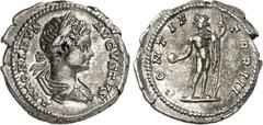 RÖMER RÖMISCHES KAISERREICH. CARACALLA, Augustus 198-217. Denar (200) 3,50g. Paludamentbüste m. Lkr. n.r. ANTONINVS - AVGVSTVS / PONTIF - TR P III Caracalla als Sol steht v.v., hält Globus und Speer. 