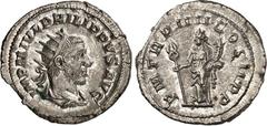 RÖMER RÖMISCHES KAISERREICH. PHILIPPUS I. Arabs 244-249. Antoninian (247) 3,99g. Paludamentbüste m. Strkr. n.r. IMP M IVL PHILIPPVS AVG / P M TR P IIII COS II P P Felicitas steht n.l. RIC 4, C. 136. .