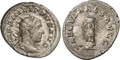 RÖMER RÖMISCHES KAISERREICH. PHILIPPUS I. Arabs 244-249. Antoninian (248/249) 2,97g. Paludamentbüste m. Strkr. n.r. IMP PHILIPPVS AVG / SAECVLARES AVGG Stele mit COS - III. RIC 24c, C. 193. . vz