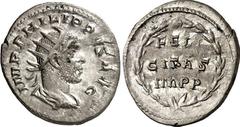 RÖMER RÖMISCHES KAISERREICH. PHILIPPUS I. Arabs 244-249. Antoninian (248/249) 4,01g. Paludamentbüste m. Strkr. n.r. IMP PHILIPPVS AVG / FELI-CIT.AS -IMPP im Lorbeerkranz. RIC 60, C. 39. . R min.Vs.-Pa