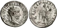 RÖMER RÖMISCHES KAISERREICH. Herennius Etruscus Caesar 250-251. Antoninian 3,24g. Palliumbüste m. Strkr. n.r. Q HER ETR MES DECIVS NOB C / PRINCIPI IVVENTVTIS Caesar steht m. Lanze u. Vitis n.l. RIC 1