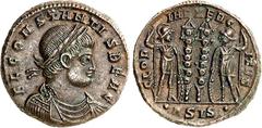 RÖMER RÖMISCHES KAISERREICH. Constans Caesar 333-337. AE-Minutus 17mm (333/335) 2,49g, Siscia. Belorb. drap. Panzerbüste n. r. FL CONSTANTIS BEA C / GLORIA EXERCITVS Zwei Soldaten neben zwei Standarte
