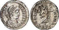 RÖMER RÖMISCHES KAISERREICH. GRATIANUS 367-383. Siliqua (367/375) 1,91g, Trier. Paludamentbüste m. Perldiadem n.r. D N GRATIA-NVS P F AVG / VRBS - ROMA Roma victrix thront n.l.; unten TRPS. RIC 27a, C