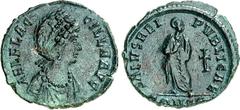 RÖMER RÖMISCHES KAISERREICH. Aelia Flaccilla, Gemahlin von Theodosius I. 383-386. AE-Maiorina 23/22mm 3,75g, Konstantinopel, 5. Off. Pallabüste mit Perlendiadem n.r. AEL FLAC-CILLA AVG / SALVS REI - P