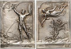 MEDAILLEN SPORT. OLYMPISCHE SPIELE. ATHEN - Zwischenolympiade 1906. Plakette o.J. (1906) (v. P. Vannier) z. Erinnerung. Mit Schwert u. Schild bewaffneter Athlet vor Ansicht d. Olympiastadions mit Akro