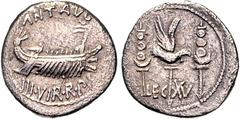RÖMER IMPERATORISCHE PRÄGUNGEN. MARCUS ANTONIUS 44-30 v. Chr. Denar (32/31 v.Chr.) 3,34g. Galeere n.r. ANT AVG - III VIR R P C / LEG XV Aquila zwischen 2 Signa. Cr. 544/30, BMC 210, C. 47, Syd. 1235. 