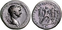 RÖMER RÖMISCHES KAISERREICH. TRAIANUS 98-117. AE-Dupondius (114/116) 13,96g. Büste mit Paludamentum und Strahlenkrone n.r. IMP CAES NER TRAIANO OPTIMO AVG GER DAC PARTHICO P M TR P COS IV P P / SENATV