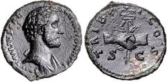 RÖMER RÖMISCHES KAISERREICH. Antoninus Pius Caesar (138). AE-As (2./7.138) 12,77g. Barhäuptiger Kopf n. r. IMPT AELIVS CAESAR ANTONINVS / TRIB POT COS SC Handschlag um Caduceus und Kornähren. RIC 1088