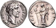 RÖMER RÖMISCHES KAISERREICH. ANTONINUS PIUS Augustus 138-161. Denar (145 -161) 2,62g, Rom. Büste mit Lorbeerkranz n. r. ANTONINVS AVG PIVS P P / TR POT COS IIII. RIC 151, C. 939. \i. vz