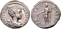 RÖMER RÖMISCHES KAISERREICH. Geta Caesar 198-209. Denar (200) 3,33g. Büste mit Panzer und Paludamentum n.r. P SEPT GETA - CAES PONT / PR-INC - IVVENT Geta steht in Rüstung, mit Paludamentum, Lanze und