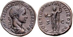 RÖMER RÖMISCHES KAISERREICH. SEVERUS ALEXANDER 222-235. AE-Sesterz (225) 23,29g. Palliumbüste m. Lkr. n.r. IMP CAES M AVR SEV ALEXANDER AVG / P M TR P IIII COS P P - S - C Kaiser steht n.l., hält Glob
