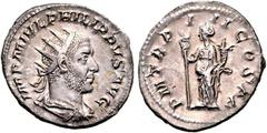 RÖMER RÖMISCHES KAISERREICH. PHILIPPUS I. Arabs 244-249. Antoninian (247/249) 4,27g, Drap. Büste mit Strahlenkrone n. l. IMP MIVL PHILIPPVS AVG / PM TRP III COS PP Felicitas steht n.l., hält langen Ca