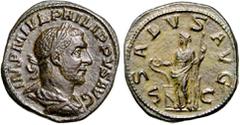 RÖMER RÖMISCHES KAISERREICH. PHILIPPUS I. Arabs 244-249. AE-Sesterz (244) 23,64g. Paludamentbüste m. Lkr. n.r. IMP M IVL PHILIPPVS AVG / SALVS AVG - S - C Salus Fortuna steht mit Ruder (!) n.l.; l. Sc