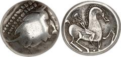 KELTEN DONAUKELTEN / OSTKELTEN. Typ Philippos II. von Makedonien. "Entenschnabel-Typ" 23mm Tetradrachme 12,88g. Belorbeerter kinnloser Kopf d. Zeus n.r. / Reiter n.r. Göbl.OTA Tf.20,244-1ff., Kostial 