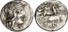 RÖMER RÖMISCHE REPUBLIK : Silbermünzen. Marcus Calidus, Q.Metellus u. Gnaeius Fulvius 117-116 v. Chr. Denar 19mm 3,92g. Behelmter Kopf der Roma n. r. ROMA / Victoria in Biga n. r., unten M CALID - Q. 
