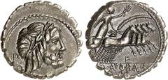 RÖMER RÖMISCHE REPUBLIK : Silbermünzen. Quintus Antonius Balbus, Praetor 83-82 v. Chr. Denar (serratus) 3,66g. Belorb. Kopf des Jupiter n. r., dahinter SC / Victoria in Quadriga n. r., darunter V, im 