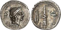RÖMER RÖMISCHE REPUBLIK : Silbermünzen. Gaius Norbanus 83 v. Chr. Denar 3,91g. Kopf der Venus mit Diadem und Perlenkette n.r. darunter C NORBANVS; dahinter LV / Fasces zwischen Ähre und Caduceus. Cr. 