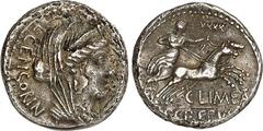 RÖMER RÖMISCHE REPUBLIK : Silbermünzen. Luc. Censorinus, Gaius Limetanus & Publ. Crepusius 82 v. Chr. Denar 3,63g, Rom. Büste der Venus mit Diadem und Schleier n.r.; dahinter L CENSORIN / Venus rast i