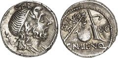 RÖMER RÖMISCHE REPUBLIK : Silbermünzen. Gnaeus Cornelius Lentulus, Quaestor 76 v. Chr. Denar 3,92g. Bärt. Geniusbüste n.r. G.P.R. / EX - S C - CN. LEN. Q Zepter m. Lorbeerkranz. und Ruder neben Globus