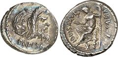RÖMER RÖMISCHE REPUBLIK : Silbermünzen. Gaius Vibius Gaii fil. Gaii ne. Pansa Caetronianus 48 v. Chr. Denar 3,49g. Panmaske PANSA / C VIBIVS C F C N - IOVIS AXVR Iupiter Axurus thront Eichenkranz, mit
