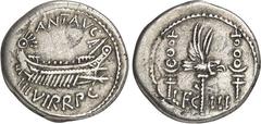 RÖMER IMPERATORISCHE PRÄGUNGEN. MARCUS ANTONIUS 44-30 v. Chr. Denar (32/31 v.Chr.) 3,41g. Galeere n.r. ANT AVG - III VIR R P C / LEG III Aquila zwischen 2 Signa. Cr. 544/15, BMC 193, C. 28, Syd. 1217.