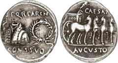 RÖMER RÖMISCHES KAISERREICH. AUGUSTUS 27 v. Chr. -14 n. Chr. Denar (18 v.Chr.) 3,75g, Colonia Patricia. Toga picta über Tunica palmata; r. Lorbeerkranz; l. Aquila S P Q R PAREN - CONS SVO / CAESAR - A