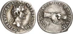 RÖMER RÖMISCHES KAISERREICH. NERVA 96-98. Denar (9./12.96) 3,35g. Kopf mit Lorbeerkranz n.r. IMP NERVA CAES AVG P M TR P COS II P P / CONCORDIA - EXERCITVVM Handschlag. RIC 2, BMC 6, C. 16. .