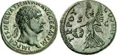 RÖMER RÖMISCHES KAISERREICH. TRAIANUS 98-117. AE-As (100) 26/27mm 11,57g. Belorbeerte Büste n. r. IMP CAES NERVA TRAIAN AVG GERM PM / TRPOT COS III PP SC Viktoria fliegt n. l., hält Schild mit SPQR. R