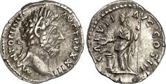 RÖMER RÖMISCHES KAISERREICH. MARCUS AURELIUS, Augustus 161-180. Denar (170) 19mm 2,87g. Kopf m. Lkr. n.r. M ANTONINVS - AVG TR P XXIIII / SA-LVTI - AVG . COS IIII Salus steht n.l.; l. Schlange an Alta