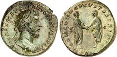 RÖMER RÖMISCHES KAISERREICH. MARCUS AURELIUS, Augustus 161-180. AE-Dupondius (162) 11,4g. Büste mit Panzer und Strahlenkrone n.r. IMP CAES M AVREL ANTONINVS AVG P M / CONCORD AVGVSTOR TR P XVI - [COS 