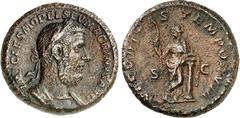 RÖMER RÖMISCHES KAISERREICH. MACRINUS 217-218. AE-As (217/218) 24/25mm 10,53g. Belorb. Panzerbüste n. r. IMP CAES M OPEL SEV MACRI NVS AVG / SECU RITAS TEMPO RVM Securitas steht n. l. an Säule gelehnt