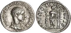 RÖMER RÖMISCHES KAISERREICH. Diadumenianus Caesar 218. Denar 3,06g. Büste mit Paludamentum n.r. M OPEL ANT DIADVMENIAN CAES / PRINC IVVENTVTIS Diadumenianus steht in Rüstung als Princeps iuventutis v.