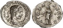 RÖMER RÖMISCHES KAISERREICH. ELAGABALUS 218-222. Denar (220/222) 2,89g. Büste mit Paludamentum und Lorbeerkranz n.r. IMP ANTONINVS PIVS AVG / LIBE-RTAS AVG Libertas steht mit Freiheitskappe und Vindic