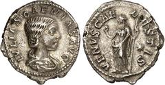 RÖMER RÖMISCHES KAISERREICH. Iulia Soaemias, Mutter d. Elagabalus 218-222. Denar 2,79g. Drapierte Büste n. r. IVLIA SOAEMIAS AVG / VENVS CAELESTIS Venus steht n. l., hält Apfel und Zepter, im Feld rec