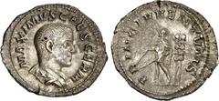 RÖMER RÖMISCHES KAISERREICH. Maximus Caesar 235-238. Denar (236/238) 3,15g. Palliumbüste n.r. MAXIMVS CAES GERM / PRINC IVVENTVTIS Maximus steht in Rüstung n.l.; r. 2 Signa. RIC 3, BMC 211-212, C. 10.