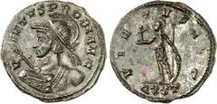RÖMER RÖMISCHES KAISERREICH. PROBUS 276-282. AE-Antoninian (276) 26/27mm 3,63g, Ticinum, 4. Offizin. Büste mit Panzer, Paludamentum und Strahlenkrone n.r. IMP C M AVR PROBVS AVG / VIRTVS AVG Virtus st