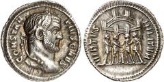 RÖMER RÖMISCHES KAISERREICH. Constantius I. Chlorus Caesar 293-305. Argenteus (295/297) 3,01g, Rom. Kopf m. Lorbeerkranz n. r. CONSTAN-TIVS CAES / VIRTVS MILITVM Tetrachen opfern über Dreifuß vor Stad