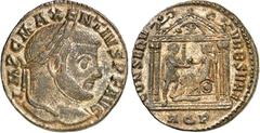 RÖMER RÖMISCHES KAISERREICH. MAXENTIUS Augustus 307-312. AE-Follis 25mm (307) 6,39g, Aquileia, 1. Off. Kopf m. Lkr. n.r. IMP C MAXENTIVS P F AVG / CONSERV - VRB SVAE Tempel mit Lupa im Giebel u. Vikto