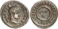 RÖMER RÖMISCHES KAISERREICH. Crispus Caesar 317-326. AE-Follis 19mm (321/324) 3,61g, Siscia. Belorbeerte Büste n. r. IVL CRIS-PVS NOB C / VOT X im Kranz CAESARVM NOSTRORVM, darunter ESIS Punkt über Ha