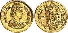 RÖMER RÖMISCHES KAISERREICH. HONORIUS 393-423. Solidus (395/402) 4,45g, Mailand. Paludamentbüste m. Perlendiadem n.r. D N HONORI-VS P F AVG / VICTORI-A AVGGG Honorius steht in Rüstung mit Labarum und 
