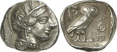 ATTIKA ATHEN. Tetradrachmon (410/380 v.Chr.) 17,23g, östlicher Beischlag. Athenakopf n.r. Wangenpunze Punkt-Koppa / Im Quadrat: ??? Eule steht n.r. Svor. 14. vz-/vz