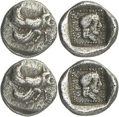 LYKIEN Uvug 470-440 v. Chr. 1/18 Stater (Obolos) 0,70g. Androkephaler Flügeleber n. r. / Im Punktequadrat: (lykisch:) UVUG Sphinxkopf n. r. Babelon Traité 315 bis Tf.98,3, SNG v.Aul. 8474, Vismara II 